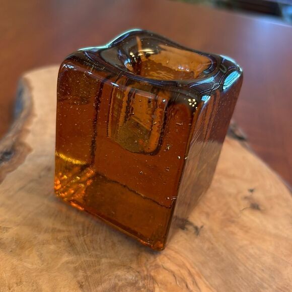 Blenko Ice Cube Amber Glass Candle Holder - Picture 1 of 6